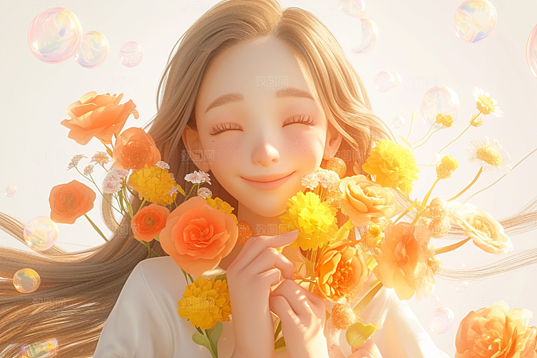 手捧鲜花的少女3D人物素材