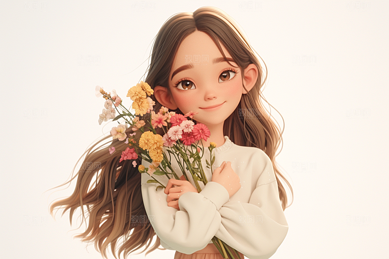 手捧鲜花的少女烂漫人物素材