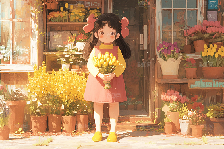 手捧鲜花的少女青春3D素材