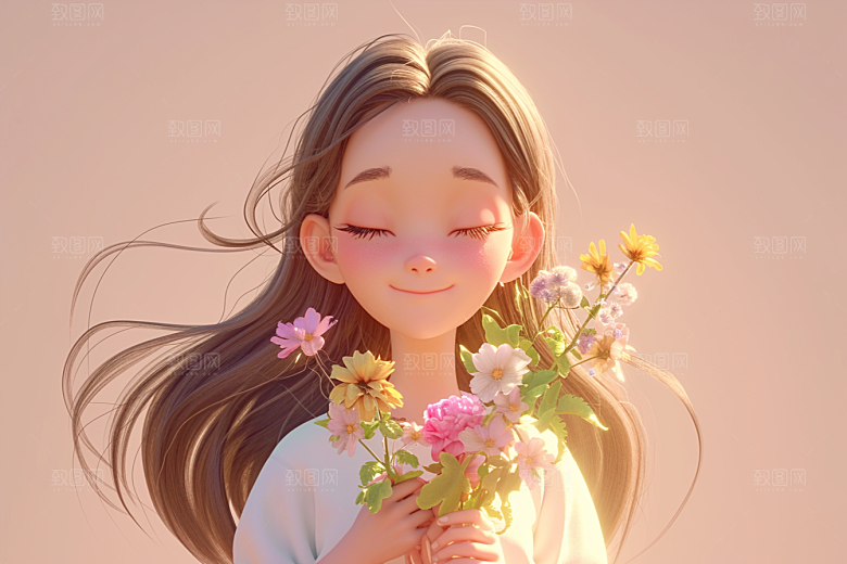 手捧鲜花的少女立体清新素材