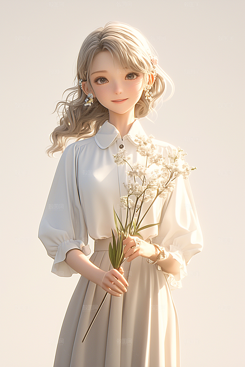 手捧鲜花的少女烂漫春天素材