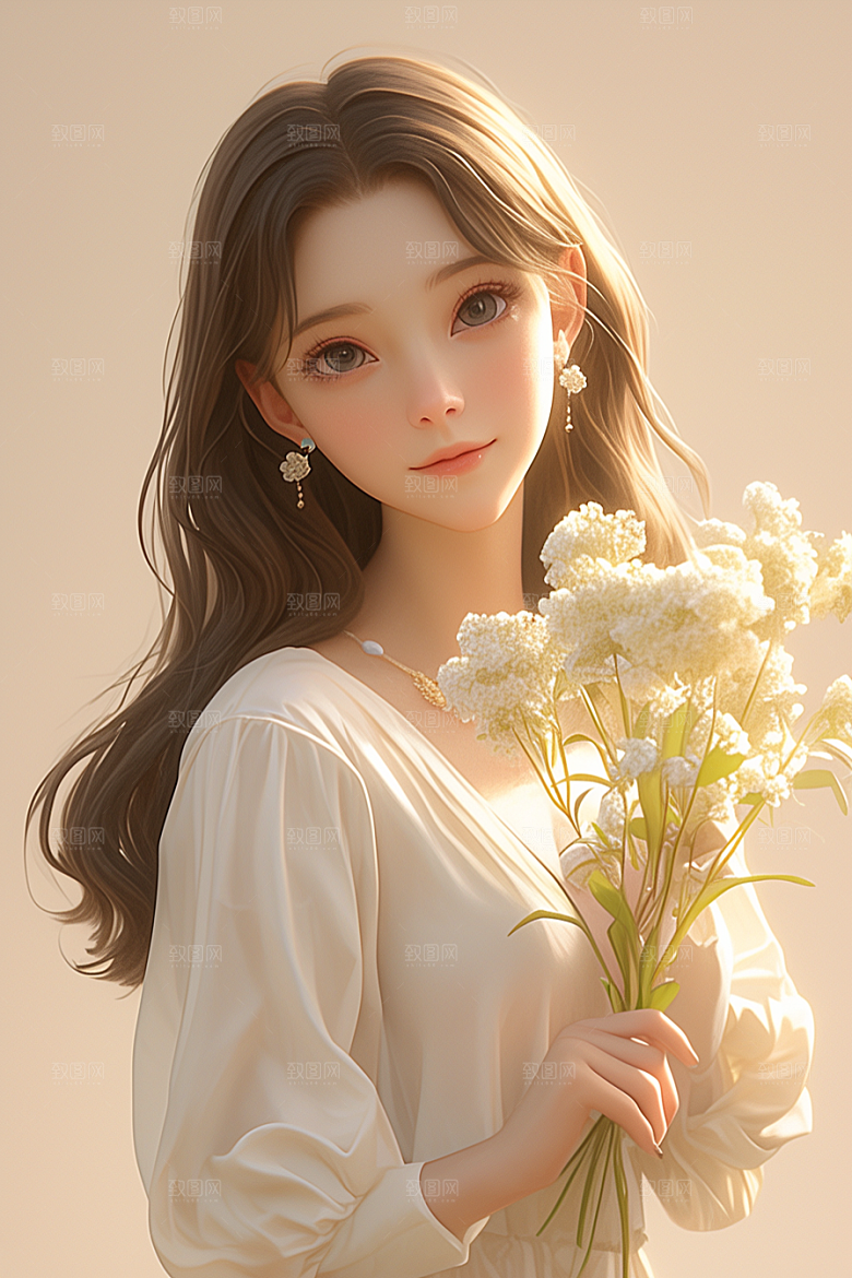 手捧鲜花的少女清新花朵素材