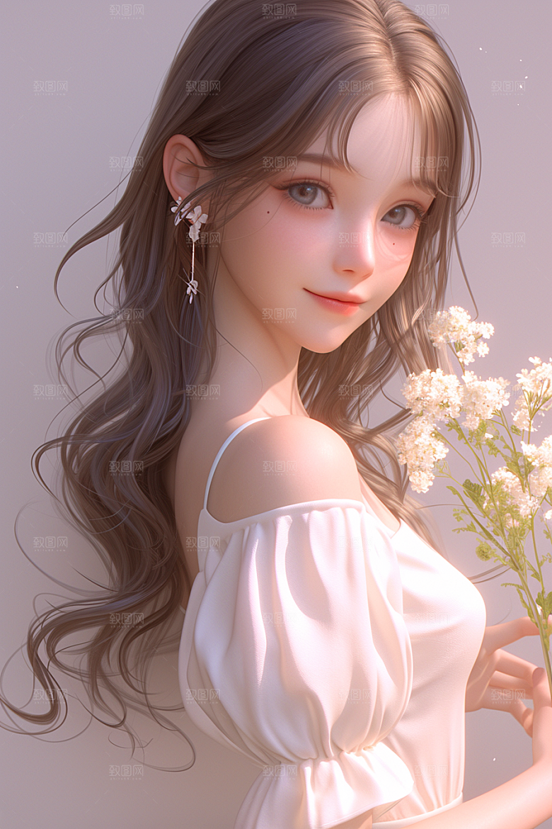 手捧鲜花的少女梦幻肖像素材