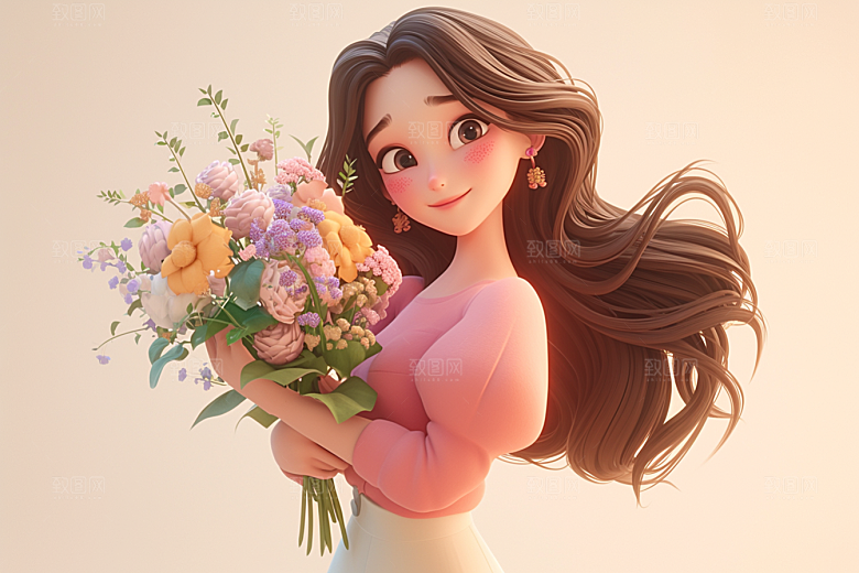 手捧鲜花的少女模型青春素材