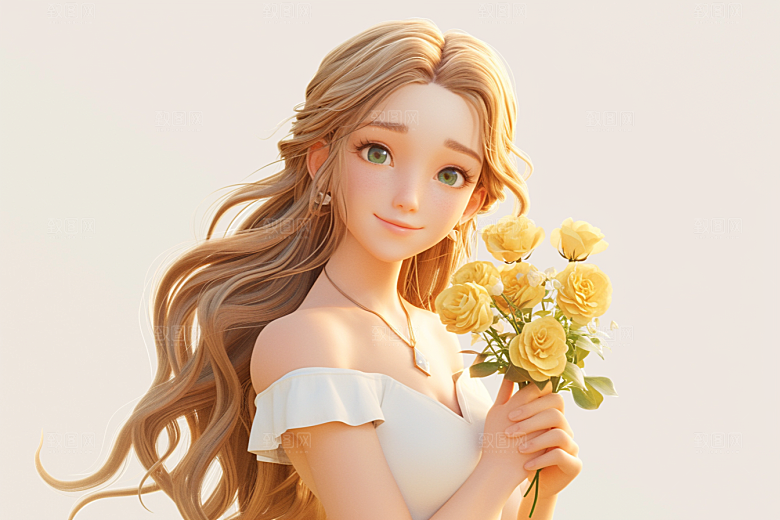 手捧鲜花的少女春天自然素材