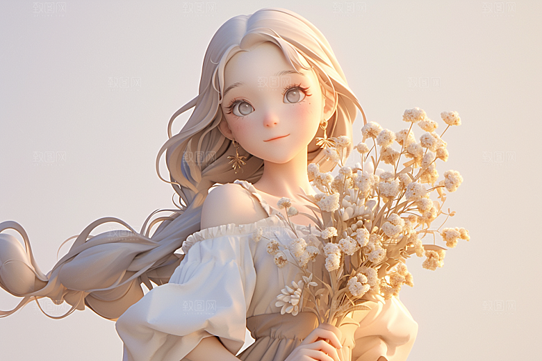 手捧鲜花的少女梦幻模型素材