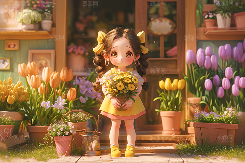 手捧鲜花的少女自然唯美素材