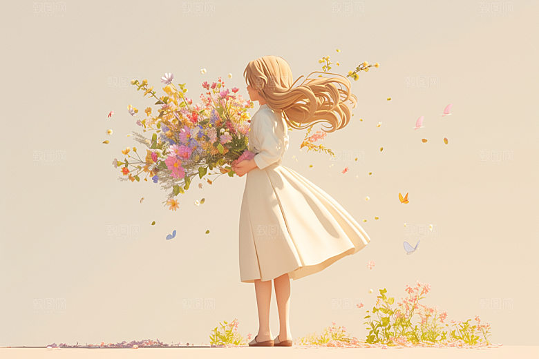 手捧鲜花的少女梦幻肖像素材