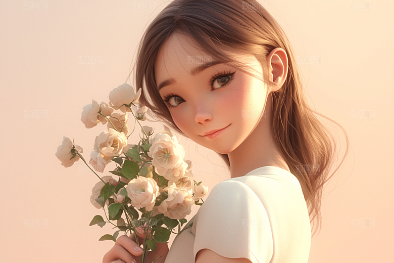 手捧鲜花的少女立体花朵素材