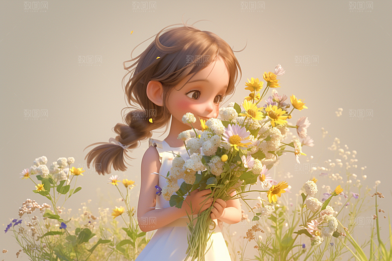 手捧鲜花的少女3D人物素材