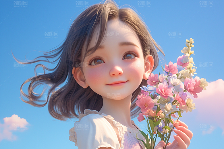 手捧鲜花的少女立体肖像素材