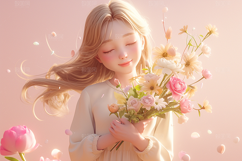 手捧鲜花的少女清新花朵素材