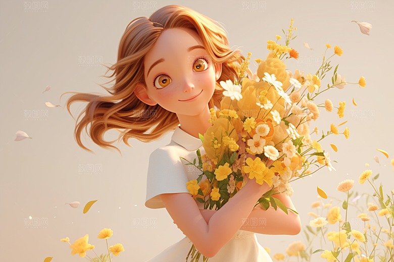 手捧鲜花的少女立体烂漫素材