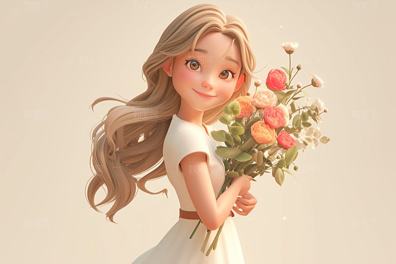 手捧鲜花的少女肖像模型素材