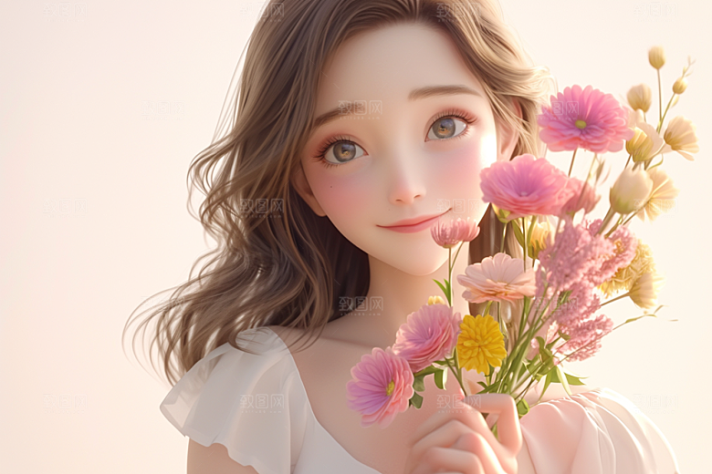 手捧鲜花的少女人物青春素材
