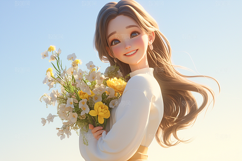 手捧鲜花的少女春天烂漫素材
