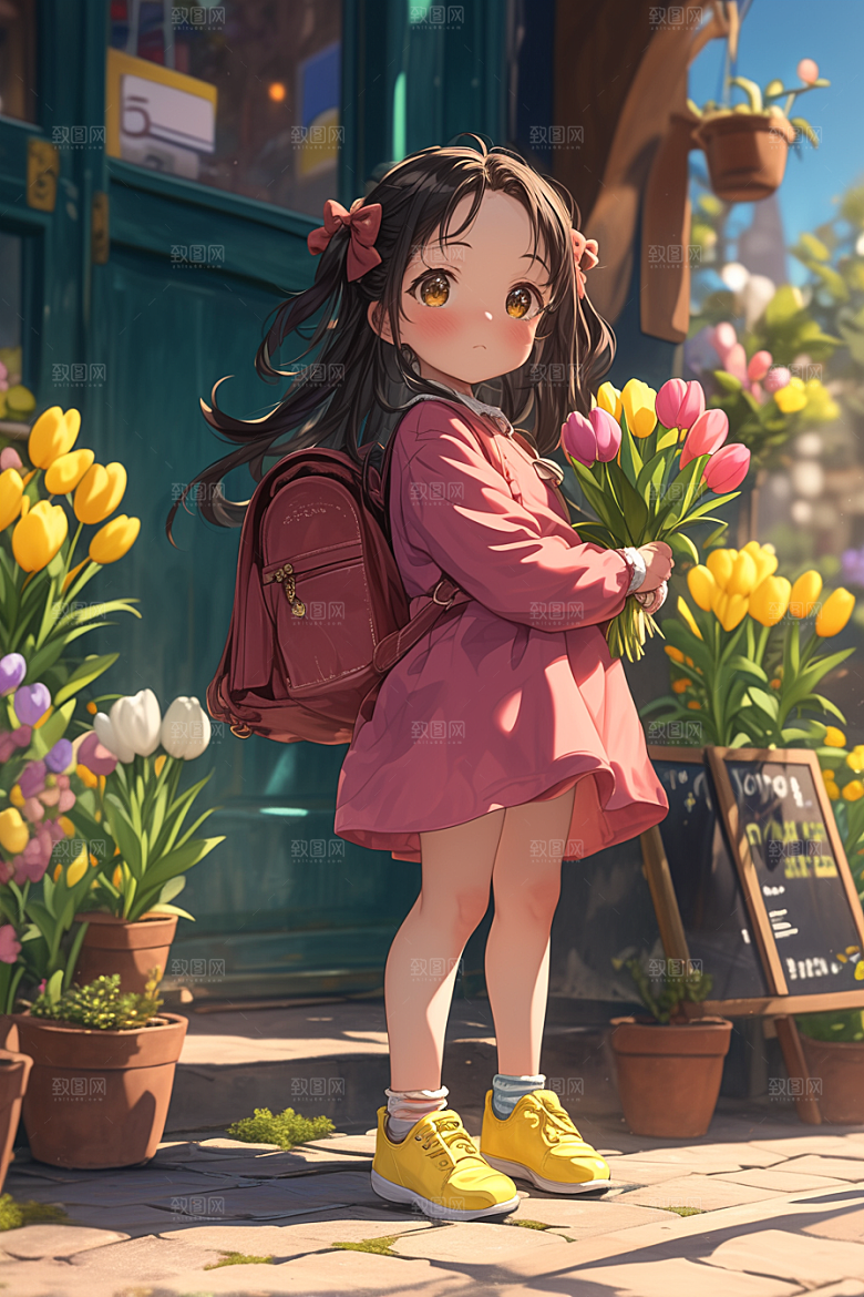 手捧鲜花的少女飞舞的裙摆梦幻素材