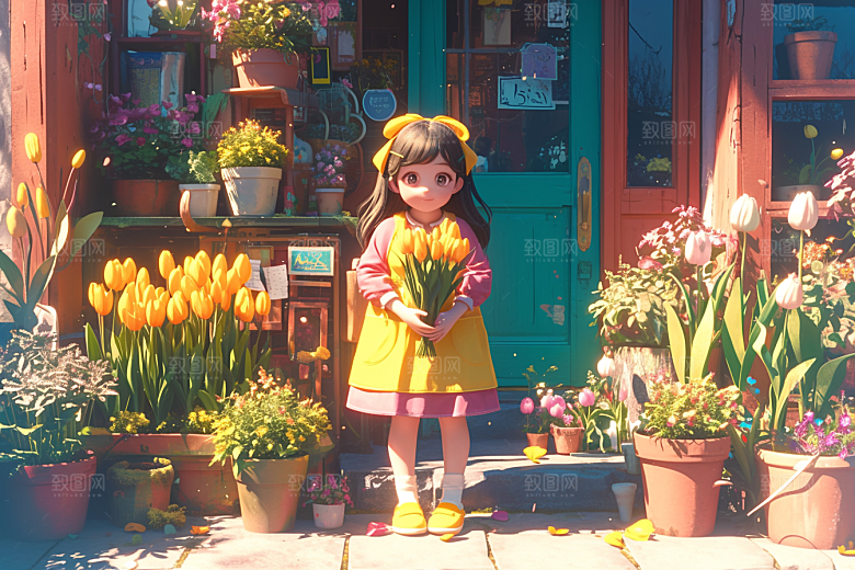 手捧鲜花的少女自然3D素材