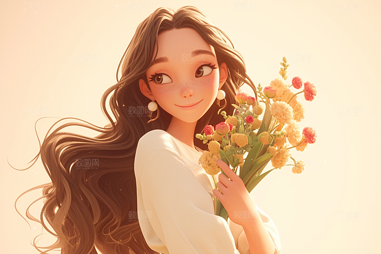 手捧鲜花的少女肖像清新素材
