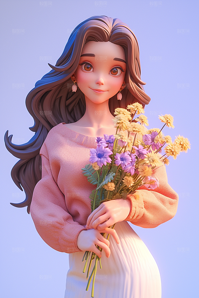 手捧鲜花的少女唯美3D素材