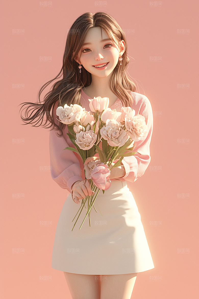 手捧鲜花的少女肖像青春素材