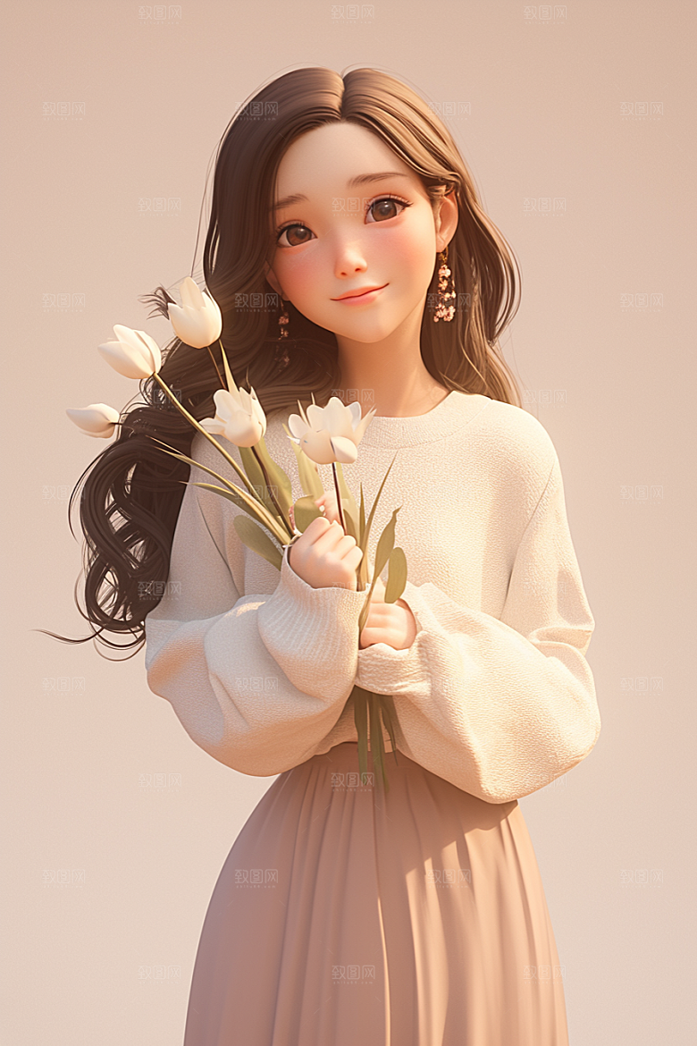 手捧鲜花的少女清新肖像素材