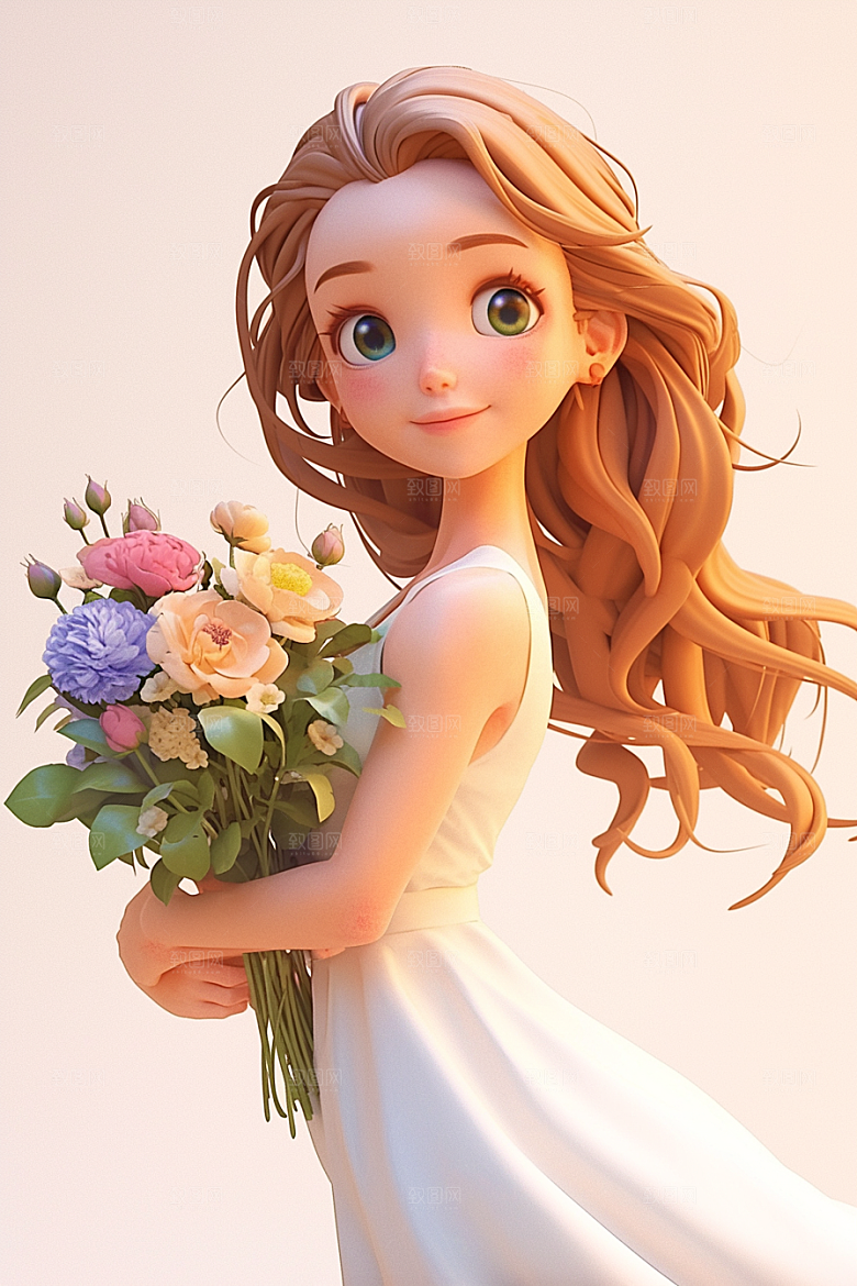 手捧鲜花的少女3D立体素材