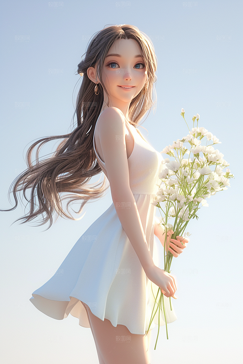 手捧鲜花的少女模型唯美素材