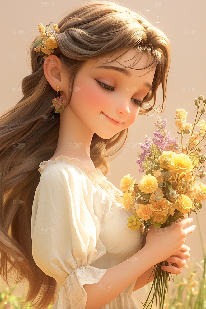 手捧鲜花的少女3D青春素材