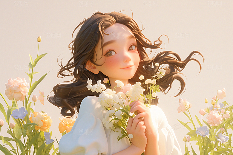 手捧鲜花的少女清新花朵素材