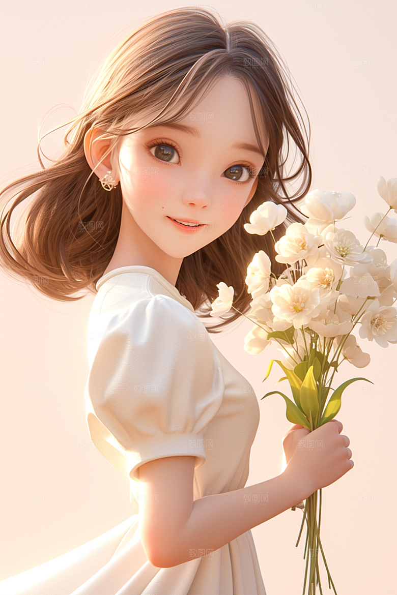手捧鲜花的少女立体梦幻素材