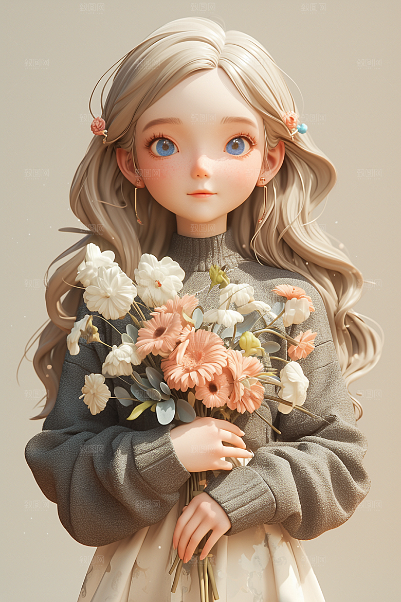手捧鲜花的少女3D烂漫素材