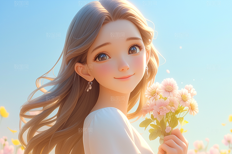 手捧鲜花的少女肖像花朵素材