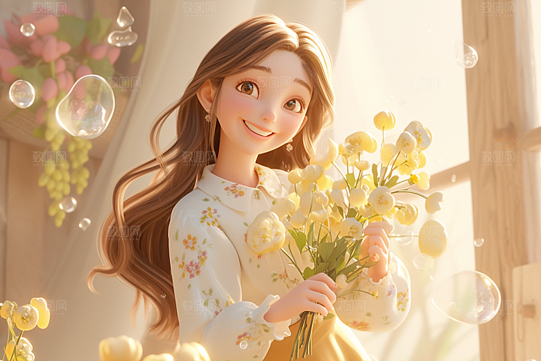 手捧鲜花的少女梦幻飞舞的裙摆素材
