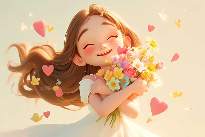 手捧鲜花的少女3D肖像素材
