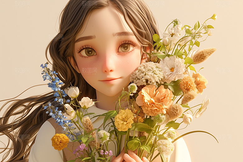 手捧鲜花的少女春天青春素材