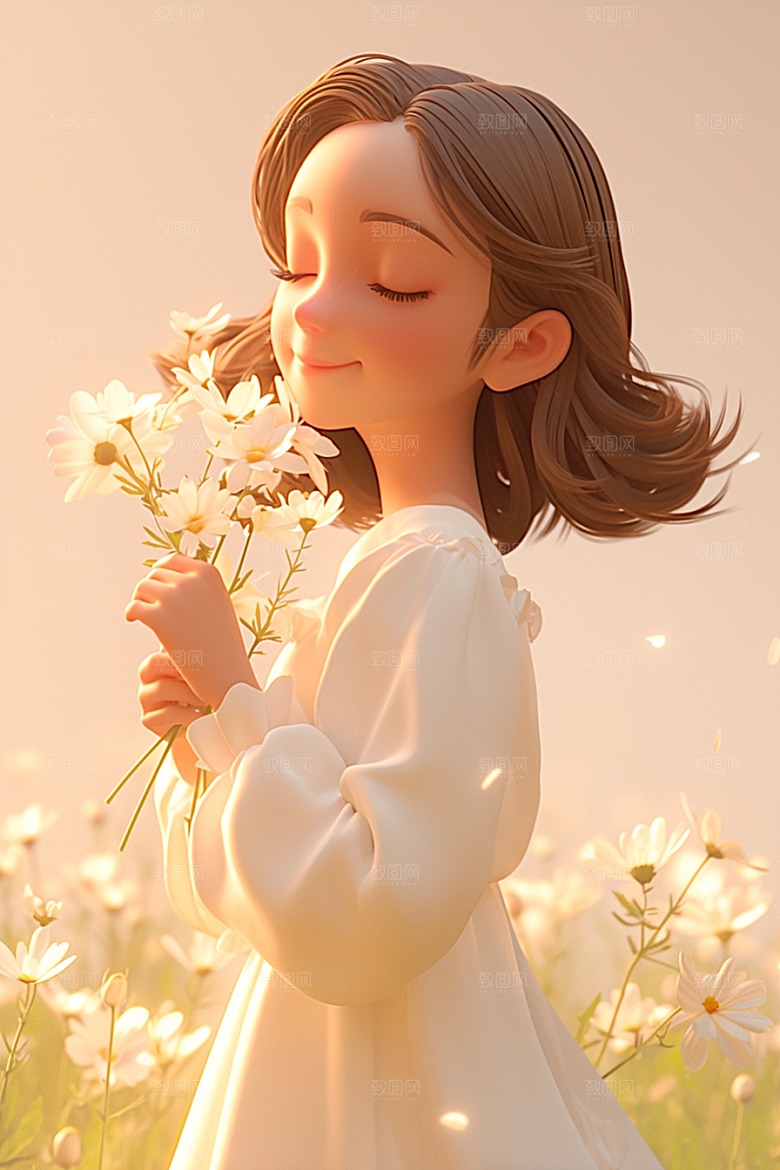 手捧鲜花的少女唯美烂漫素材