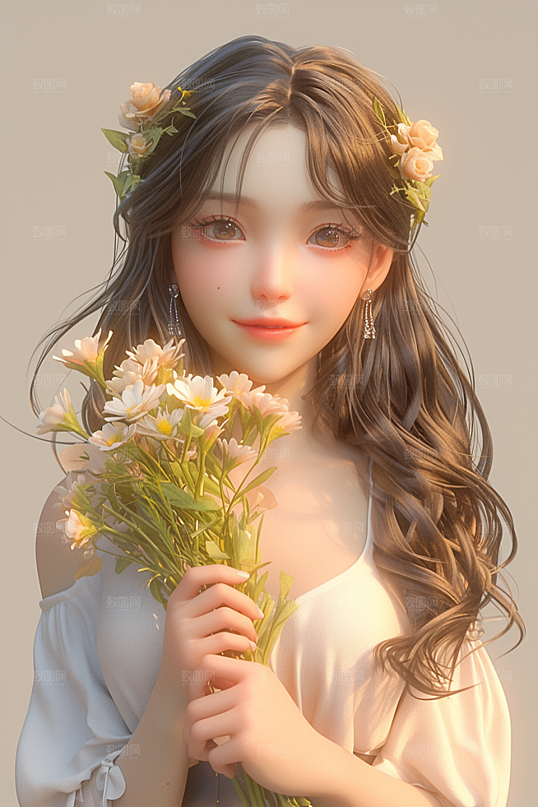 手捧鲜花的少女立体花朵素材