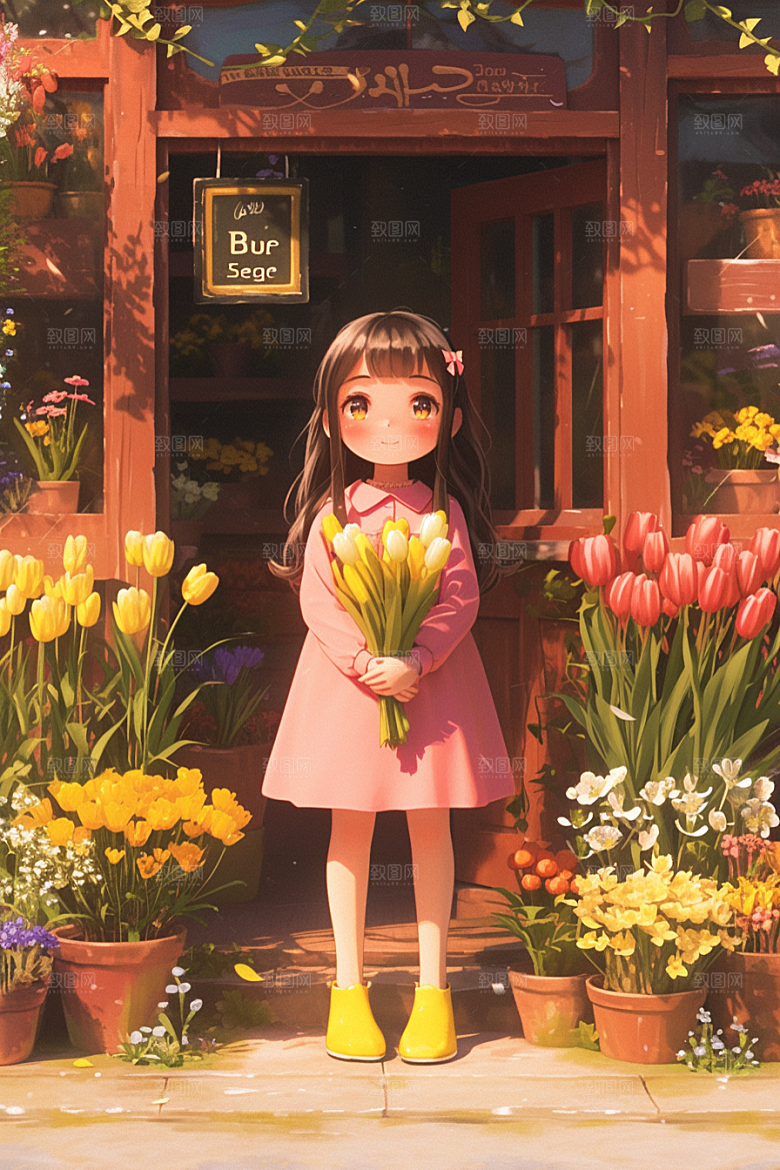 手捧鲜花的少女人物自然素材