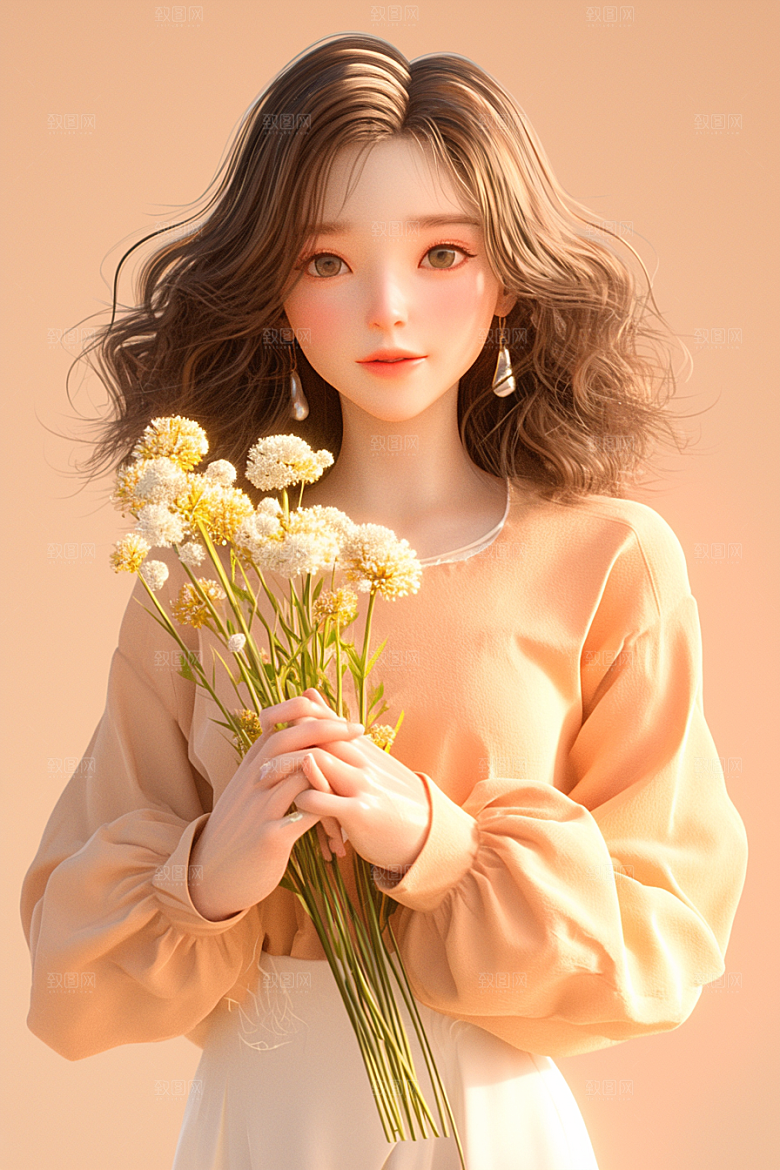 手捧鲜花的少女人物飞舞的裙摆素材