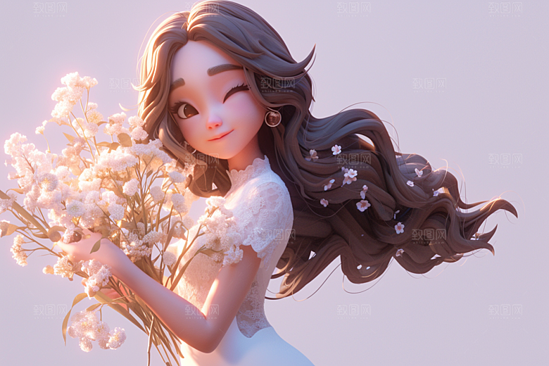 手捧鲜花的少女春天梦幻素材