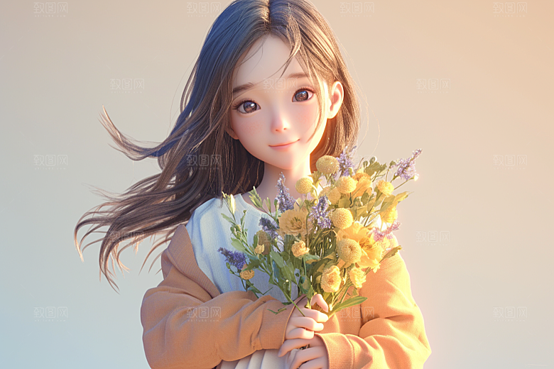 手捧鲜花的少女立体模型素材
