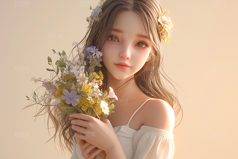 手捧鲜花的少女人物模型素材