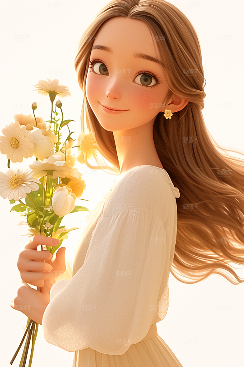 手捧鲜花的少女烂漫梦幻素材