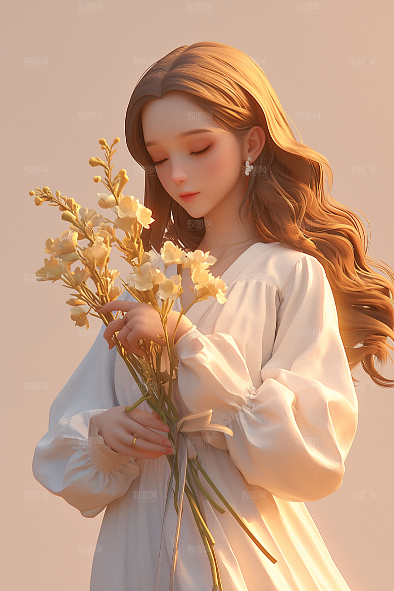 手捧鲜花的少女人物模型素材
