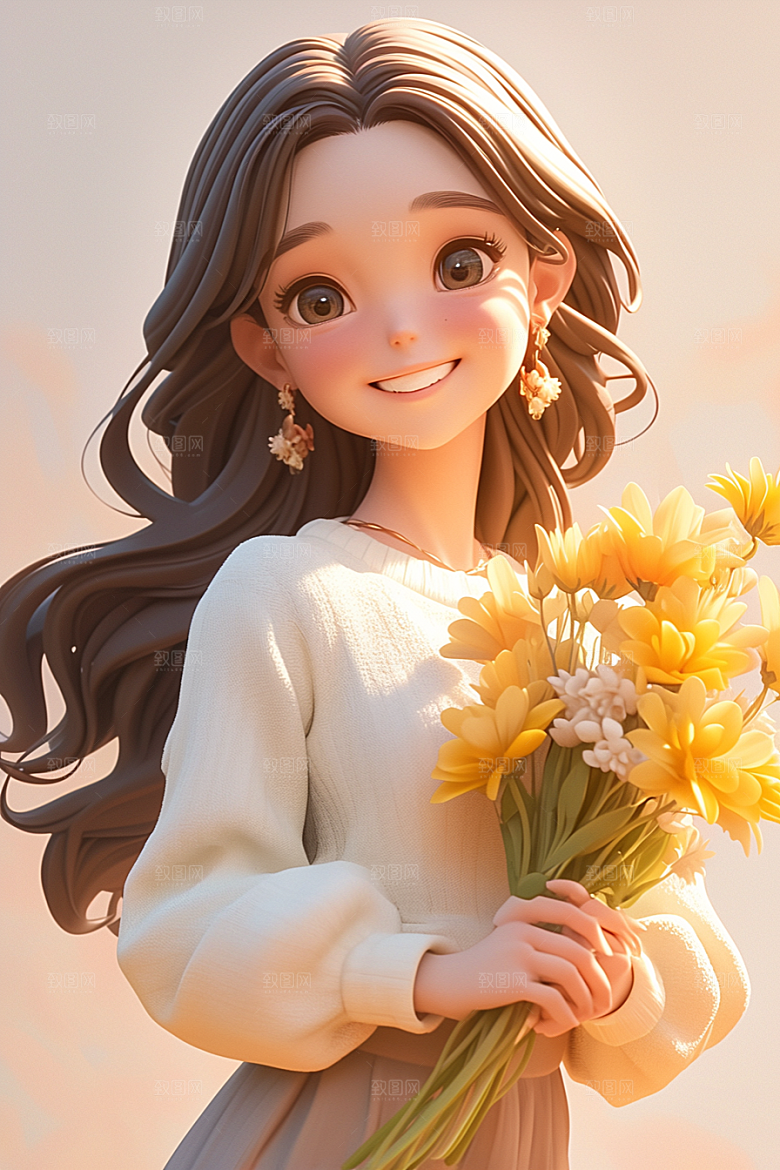 手捧鲜花的少女清新花朵素材