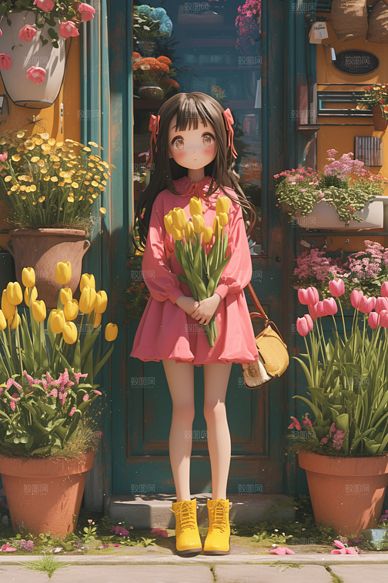 手捧鲜花的少女梦幻人物素材