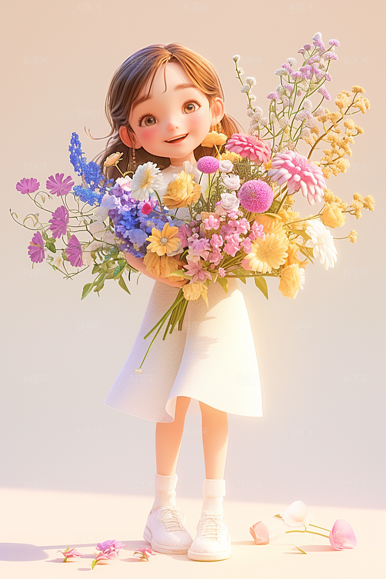 手捧鲜花的少女梦幻青春素材