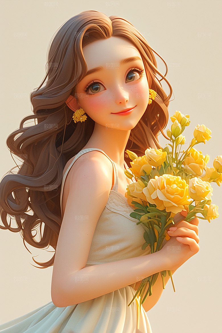 手捧鲜花的少女立体唯美素材