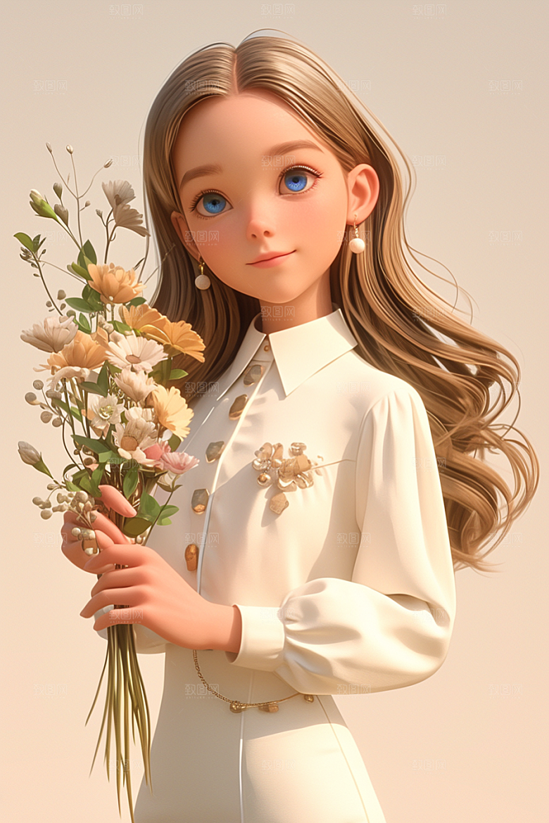 手捧鲜花的少女梦幻自然素材